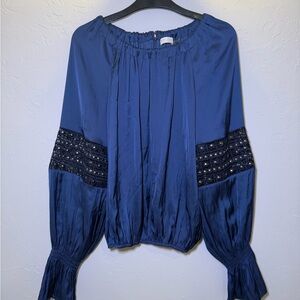 Ramy Brook Navy Blouse with Embellished Sleeves
